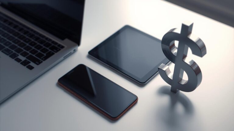 a laptop a tablet a phone and dollar sign